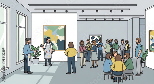 People in art gallery interior.