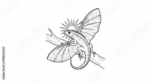 A stylized drawing of a winged lizard perched on a branch with the sun behind it
