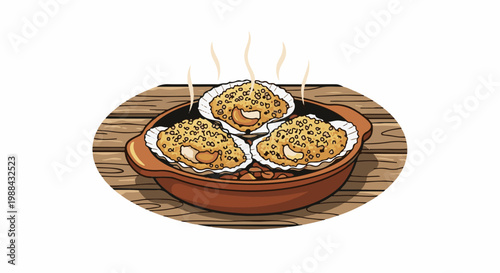 Three baked scallops in shells served in a rustic brown dish