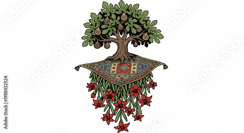 A stylized fig tree with fruit, perched on a decorative rug, with hanging flowers