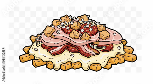 A pile of French fries smothered in cheese and topped with meats and bread cubes