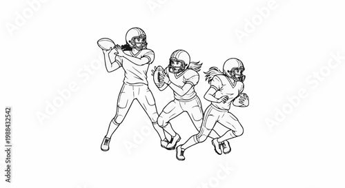 Three cartoon women in football uniforms with helmets and balls