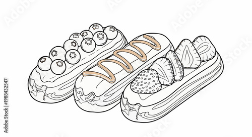 Three delicious pastries one with blueberries, one drizzled with icing, one with strawberries