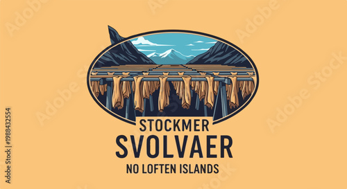 Traditional drying racks with fish under mountains and sky