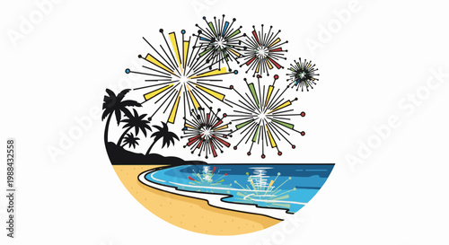 Tropical beach scene with colorful fireworks over the ocean and palm trees