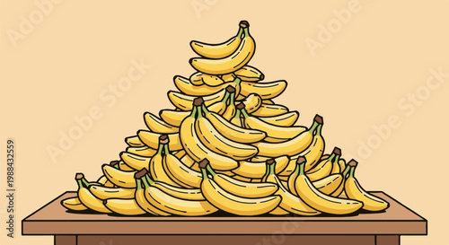 A large pile of yellow bananas stacked high on a brown wooden table