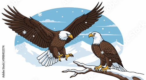 Two eagles in a snowy mountainous landscape