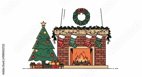 A cozy Christmas scene with a decorated tree, gifts, and fireplace