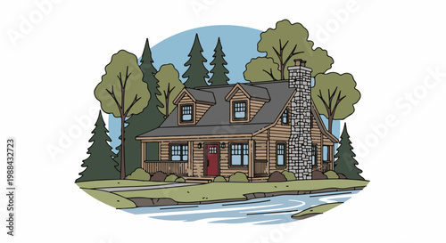 A cozy wooden cabin nestled beside a flowing river