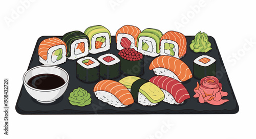 A colorful assortment of sushi and rolls served on a dark slate platter with accompaniments
