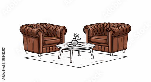 Two brown leather armchairs flank a round coffee table with a vase