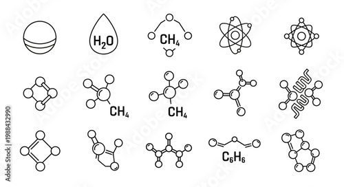 Collection of chemical molecular structure diagrams and scientific icons.