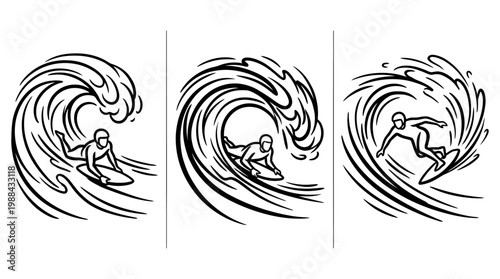Dynamic Black and White Surfing Illustration Depicting Wave Action.