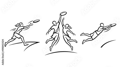 Dynamic Black and White Illustrations of Ultimate Frisbee Action.