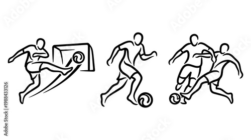 Dynamic Black and White Soccer Players in Action, Kicking, Running, and Competing.