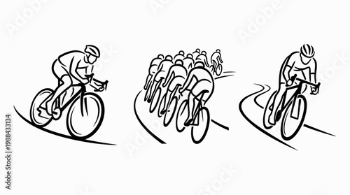 Dynamic Cyclists Racing on Winding Road in Artistic Illustration.