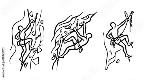 Dynamic Illustrations of Rock Climbers Ascending Vertical Surfaces.