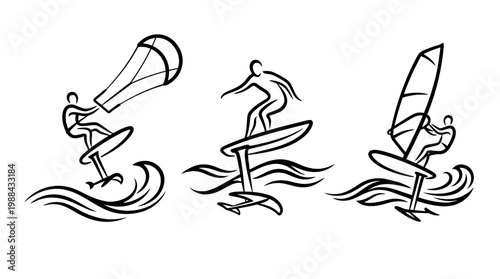 Dynamic Illustrations of Watersports - Kite Surfing, Foil Surfing, and Windsurfing.