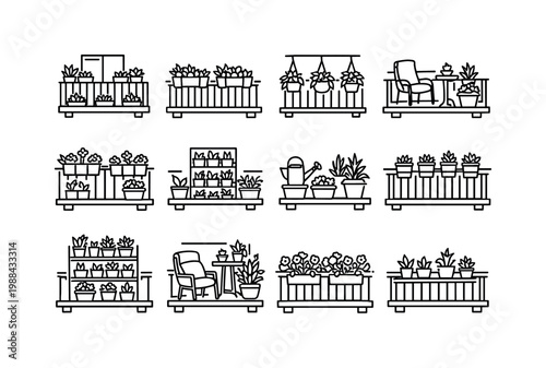 Spring balcony garden. Line outline icon set of Spring balcony garden: balcony with potted plants, balcony