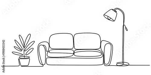 Minimalist continuous line art of a living room scene featuring a sofa plant and floor lamp Vector, illustration