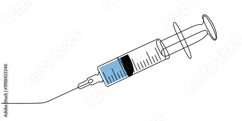 Single line drawing of a medical syringe with blue liquid and needle on a white background. Vector, illustration
