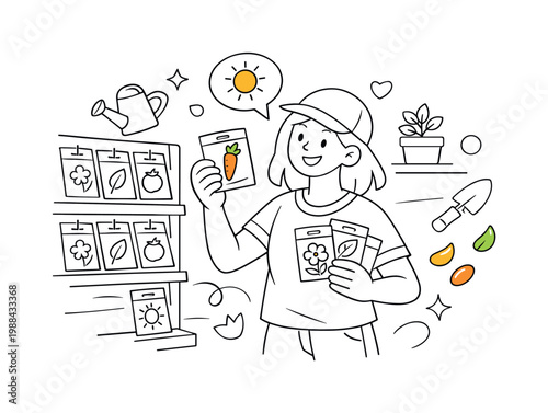 Garden store browsing. A smiling character choosing seeds, shelves, packets and light elements forming a