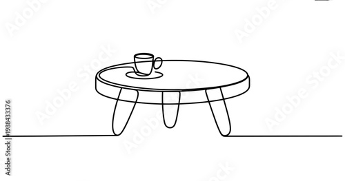 Continuous line drawing of a small round coffee table with a cup and saucer on top Vector, illustration