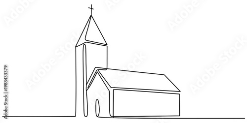 Minimalist continuous line drawing of a traditional church building with a steeple and cross. Vector, illustration