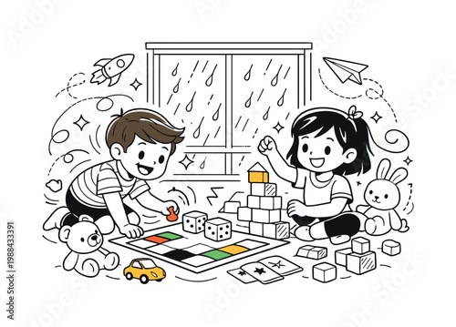Playing with toys and games on a rainy day. Kids playing with toys indoors near a window with raindrops, cozy