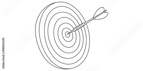 A black and white line drawing of a dart hitting the center of a circular target or dartboard. Vector, illustration