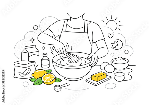 Baking lemon cake. A person mixing batter in a bowl, lemons and ingredients around, whisk in motion, soft