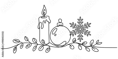 One line art illustration of a festive candle, christmas ball and snowflake with leafy branches. Vector, illustration