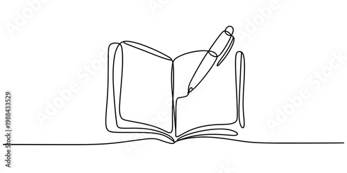 Continuous line drawing of an open notebook with a pen writing on a page. Vector, illustration