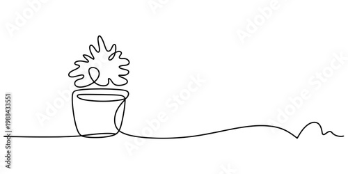 Continuous line drawing of a small plant in a flower pot on a white background Vector, illustration