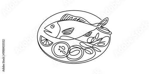 Continuous line drawing of a delicious cooked fish served on a plate with fresh lemon and herbs. Vector, illustration