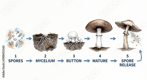 Watercolor Mushroom Life Cycle Chart: Spore to Fungi