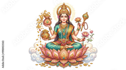 Hindu Goddess Lakshmi Sitting on Lotus Flower, Abundance, Wealth, Prosperity, Good Fortune, Gold Coins