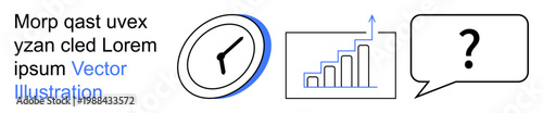 Time management, growth analytics, business planning, decision-making, productivity, data visualization. A clock, bar graph with growth arrow and speech bubble with a question mark. Time management