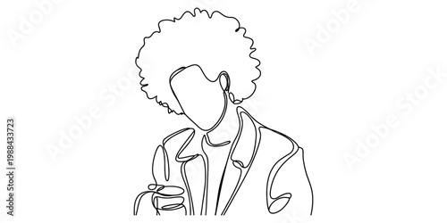 Minimalist continuous line drawing of a person with a large afro hairstyle wearing a jacket. Vector, illustration