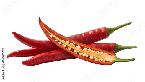 Schilderij op canvas Several ripe red chili peppers one cut in half showing seeds, isolated on transp
