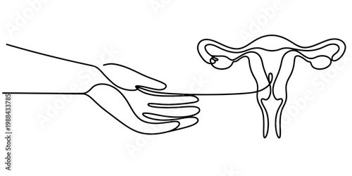 Continuous line drawing of a hand reaching out to support a female reproductive system organ. Vector, illustration