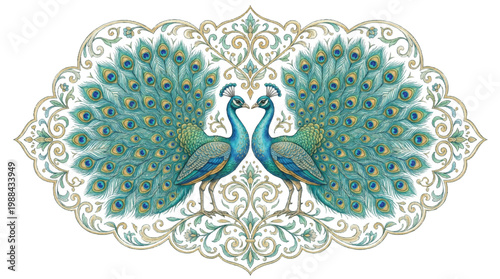 Intricate and Elegant Peacock Art with Decorative Floral Patterns and Golden Embellishments