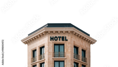 Fotografía Elegant stone hotel building with ornate balconies, isolated on transparent back