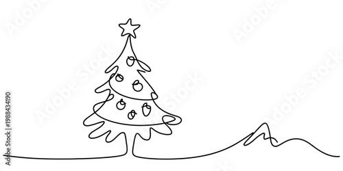 Continuous line drawing of a decorated christmas tree with a star on top and a mountain landscape Vector, illustration