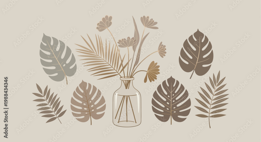 Obraz premium Elegant botanical arrangement with monstera and palm leaves in neutral tones
