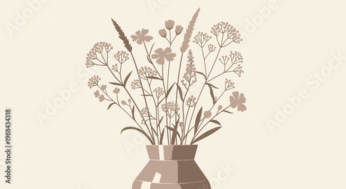 Minimalist floral arrangement in brown vase with pastel bouquets on soft background