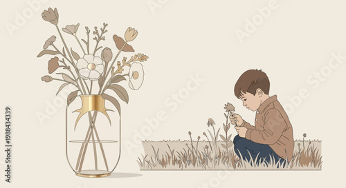 Child exploring nature near vase with flowers in minimalist pastel art