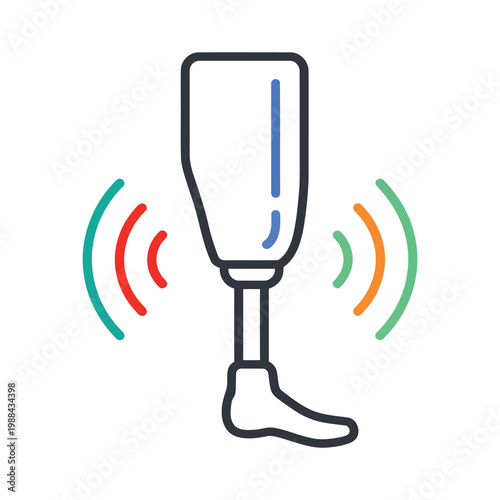Vector of a prosthetic leg with colorful signal waves emitting from both sides.