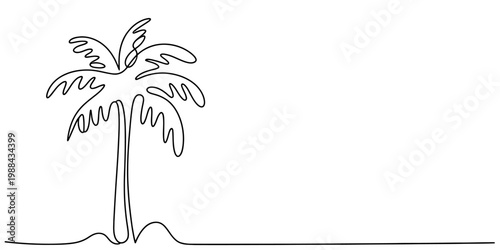 Minimalist continuous line drawing of a palm tree on a white background with a horizon line Vector, illustration