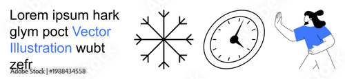 Time management, seasonal changes, clock symbolism, winter, fitness, motivation. Graphic a clock, a snowflake and a running woman. Time management and winter explained